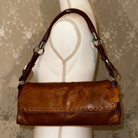 Vintage MC Genuine Leather Shoulder Bag Brown Flap Baguette Purse Y2K - Picture 1 of 4